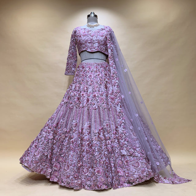 Lilac floral embroidered lehenga with full circle skirt and sheer dupatta overlay