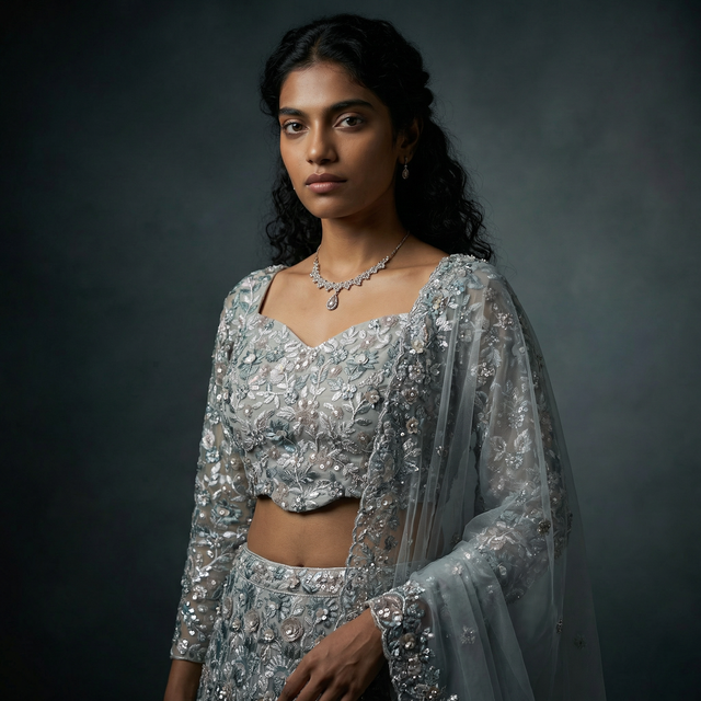 Silver-gray embroidered lehenga with cropped square-neck blouse and beaded dupatta