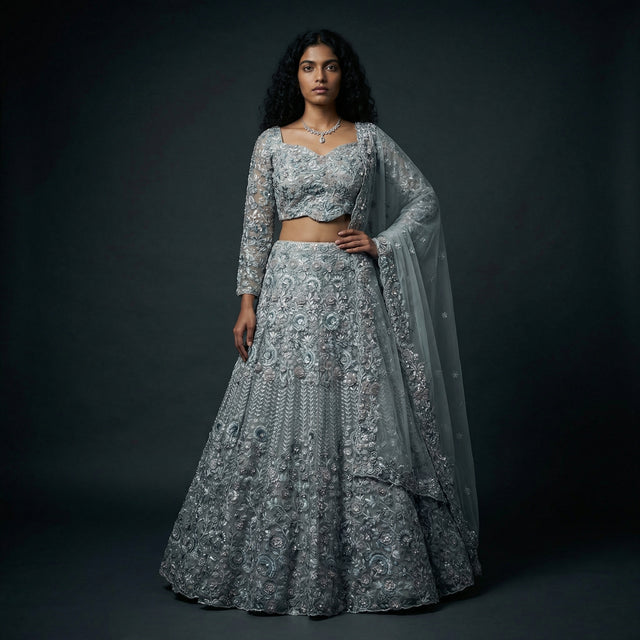Silver-gray floral embroidered lehenga set with cropped 3/4-sleeve blouse and dupatta