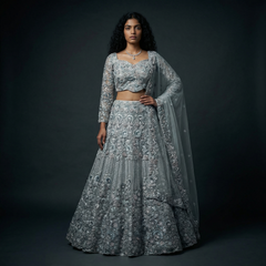 Embroidered silver-grey lehenga with floral motifs, paired blouse and sheer dupatta