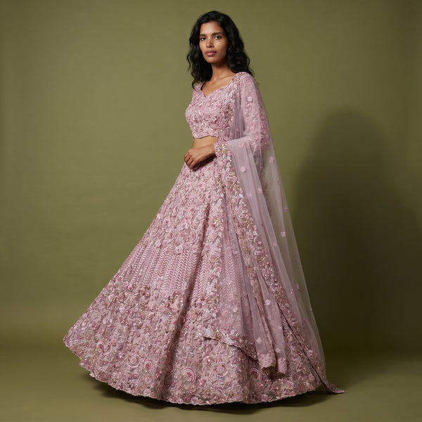 Lilac floral embroidered lehenga with sheer dupatta, flared skirt and full sleeves