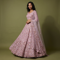 Lilac floral embroidered lehenga with sheer long sleeves and scalloped hem