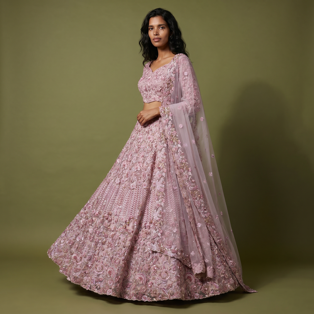 Lilac floral lehenga with fitted blouse bodice and sheer dupatta drape, long sleeves