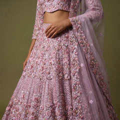 Lilac floral embroidered lehenga skirt detail with textured motif and sheer sleeve