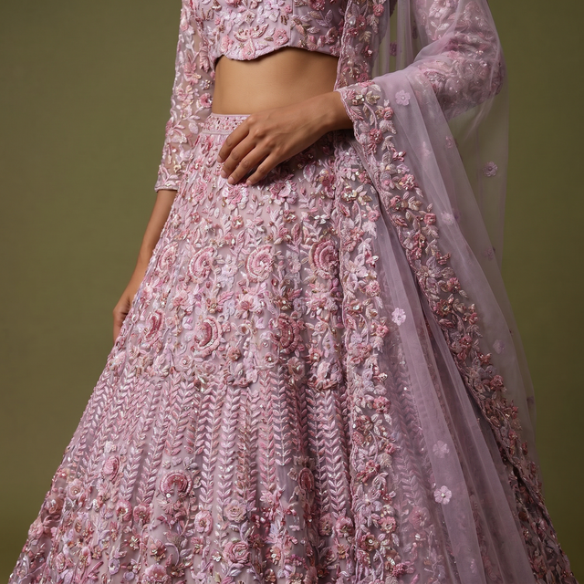 Lilac floral embroidered lehenga skirt with gathered tiers and sheer dupatta panel
