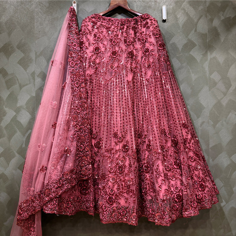 Phulkari Collection: Deep Maroon Tone-on-Tone Floral Handwork Lehenga