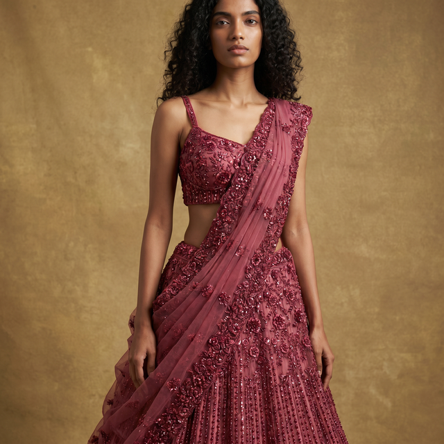Sleeveless maroon lehenga with floral handwork, fitted blouse, and draped dupatta