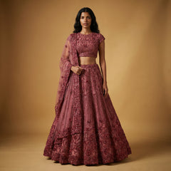 Deep maroon tone-on-tone floral handwork lehenga with fitted blouse and flared skirt