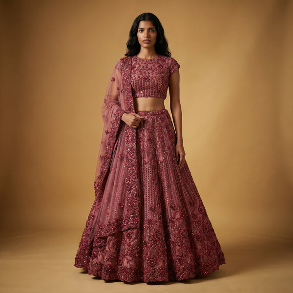 Deep maroon tone-on-tone floral handwork lehenga with fitted blouse and flared skirt