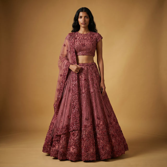 Deep maroon tone-on-tone floral handwork lehenga with fitted blouse and flared skirt
