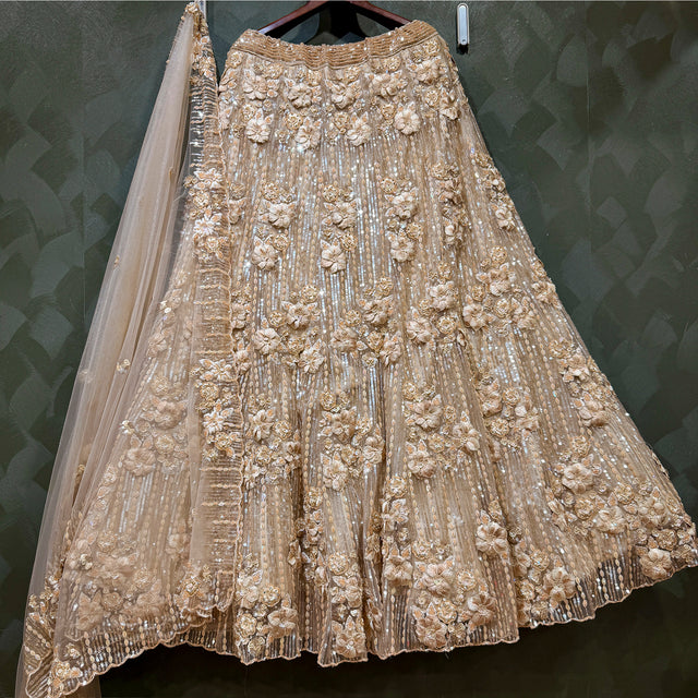 Ivory gold floral applique lehenga skirt with vertical pleats and glittering bead trim