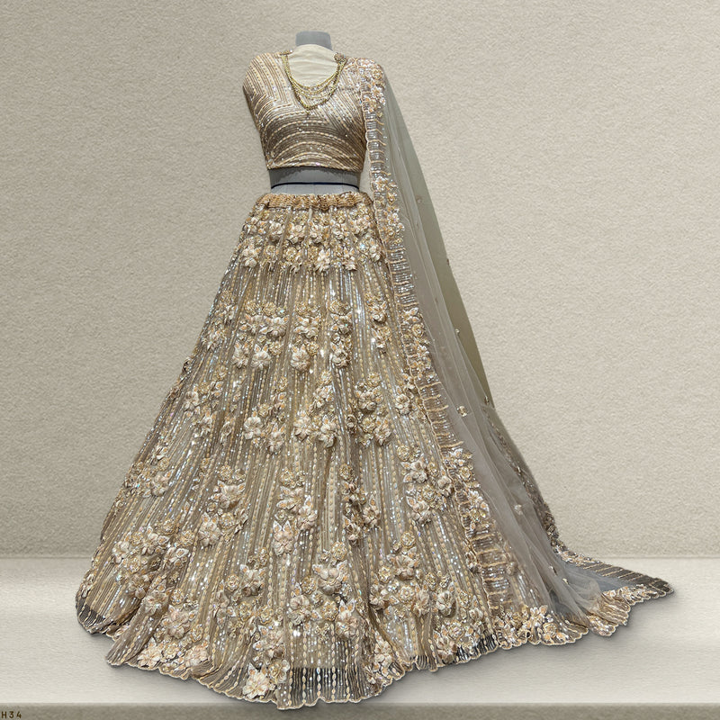 Phulkari: Ivory Gold Net Cutdana Handwork 3D Floral Applique Lehenga