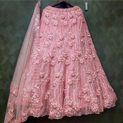 Phulkari: Baby Pink Net Cutdana Handwork 3D Floral Applique Lehenga