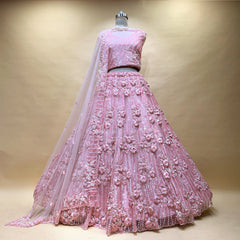 Phulkari: Baby Pink Net Cutdana Handwork 3D Floral Applique Lehenga