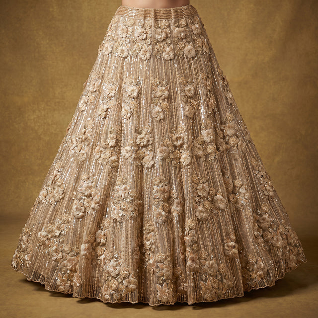 Ivory gold embellished lehenga skirt with 3D floral appliques and pleated flare