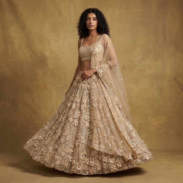 Phulkari: Ivory Gold Net Cutdana Handwork 3D Floral Applique Lehenga