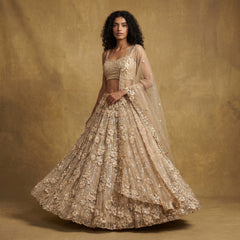 Phulkari ivory gold embellished lehenga with 3D floral applique and sheer dupatta