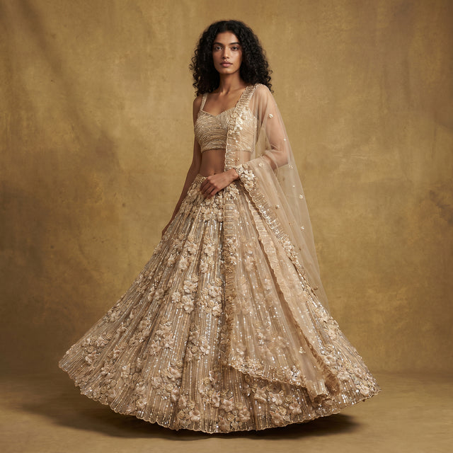 Phulkari ivory gold embellished lehenga with 3D floral applique and sheer dupatta