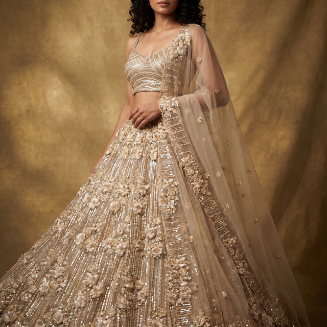 Ivory gold sleeveless lehenga top and skirt set with net dupatta and floral 3D work
