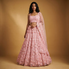Baby pink lehenga set with embroidered 3D floral applique, flared skirt and dupatta