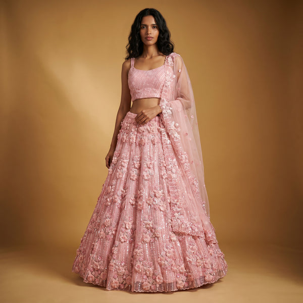 Baby pink lehenga set with embroidered 3D floral applique, flared skirt and dupatta
