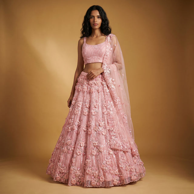 Baby pink lehenga set with embroidered 3D floral applique, flared skirt and dupatta