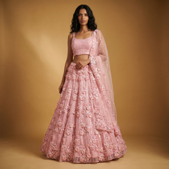 Phulkari: Baby Pink Net Cutdana Handwork 3D Floral Applique Lehenga