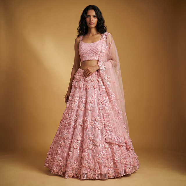 Baby pink net lehenga with 3D floral applique and beadwork, layered pleated skirt