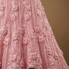 Baby pink net lehenga with 3D floral appliques and cutdana embellishment