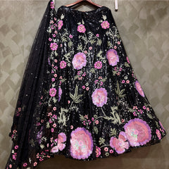 Phulkari: Black Sequin Cutdana Floral Embroidery Cocktail Lehenga