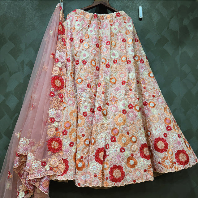 Floral applique lehenga skirt in blush pink with multicolor circular motifs and scalloped hem
