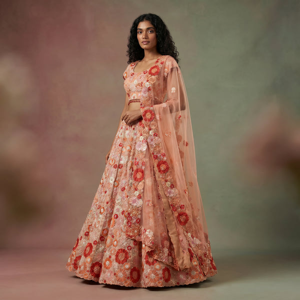 Blush pink designer lehenga with 3D floral applique and sheer dupatta