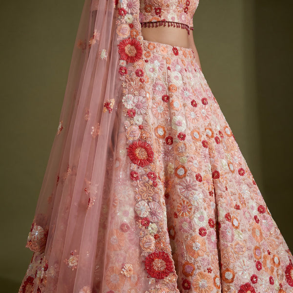 Blush pink silk lehenga skirt with multicolor 3D floral appliques and scalloped hem