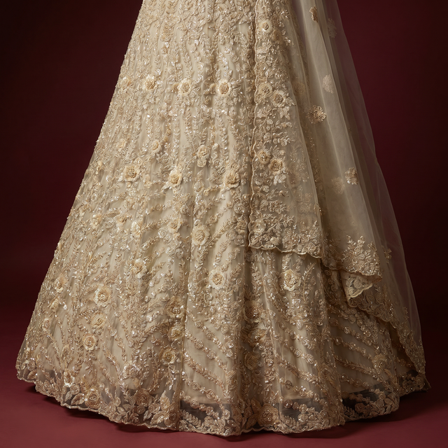 Ivory net floral lehenga skirt with 3D cutdana embellishment, flared hem