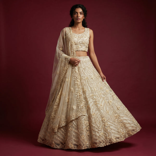 Ivory net tone-on-tone floral lehenga with 3D cutdana embellishment and sleeveless blouse