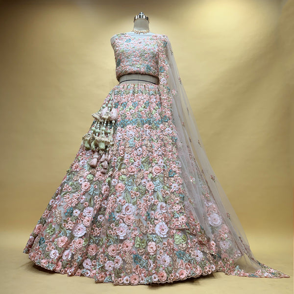 Phulkari: Pastel Net 3D Floral Applique Khatli Handwork Lehenga