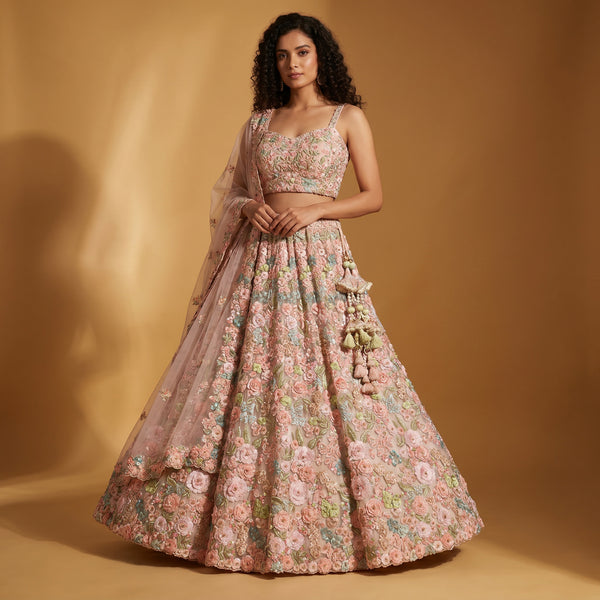 Pastel floral applique lehenga with pleated skirt and sheer net dupatta
