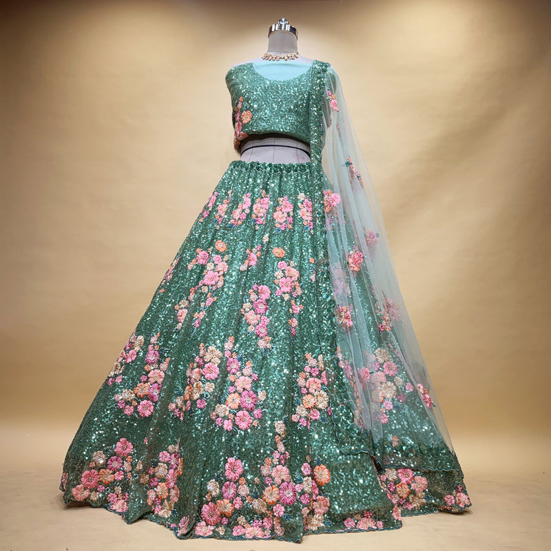Phulkari: Teal Green Sequin Cutdana Moti Handwork Floral Lehenga