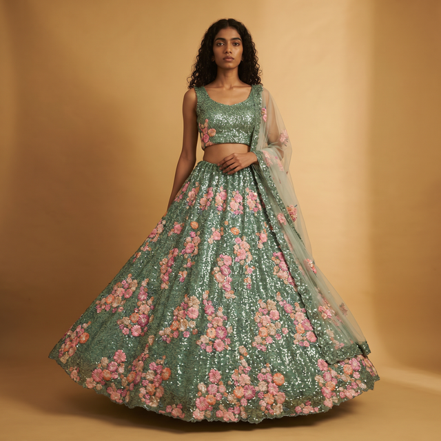 Teal green sequin lehenga with pink floral embroidery and sheer dupatta drape