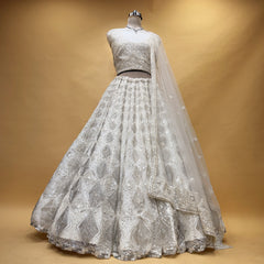 Off-white silver sequin lattice lehenga with matching sheer dupatta