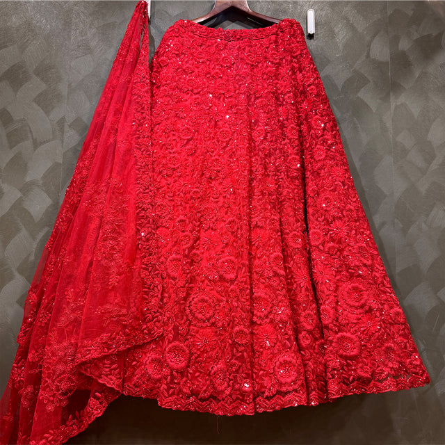 Red embellished lehenga skirt with 3D floral moti and cutdana work, flared hem