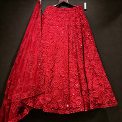 Phulkari - Red Net 3D Floral Moti & Cutdana Handwork Lehenga