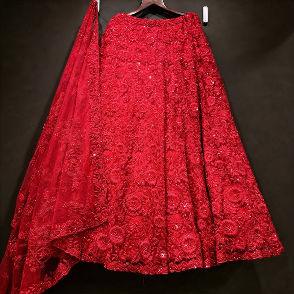 Phulkari - Red Net 3D Floral Moti & Cutdana Handwork Lehenga