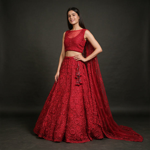Phulkari - Red Net 3D Floral Moti & Cutdana Handwork Lehenga