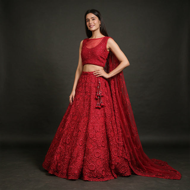 Phulkari - Red Net 3D Floral Moti & Cutdana Handwork Lehenga