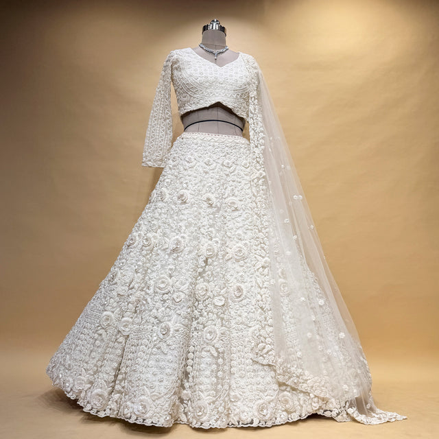 White 3D floral embroidered lehenga with matching sheer dupatta, full skirt