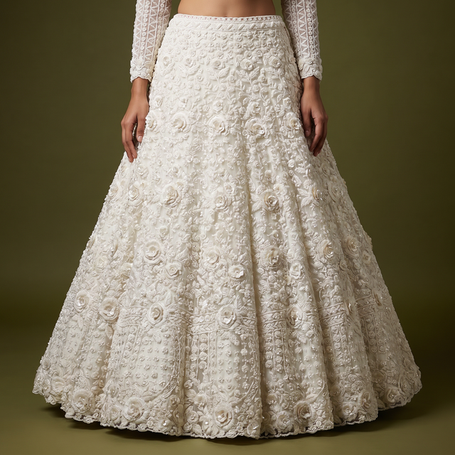 White floral-textured lehenga skirt with flared panels and detailed needlework