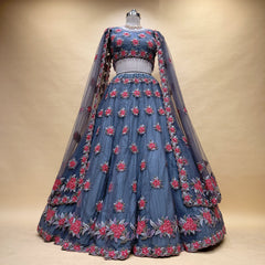 Floral-embroidered lehenga skirt with sheer cape sleeves, dove-gray and red-pink blossoms