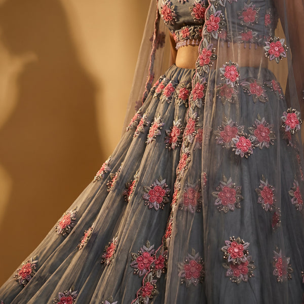 Dove grey lehenga with multicolor floral embroidery, pre-draped cape dupatta