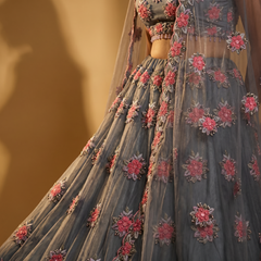 Embroidered lehenga skirt with sheer cape overlay, dove-gray, pink-red floral clusters